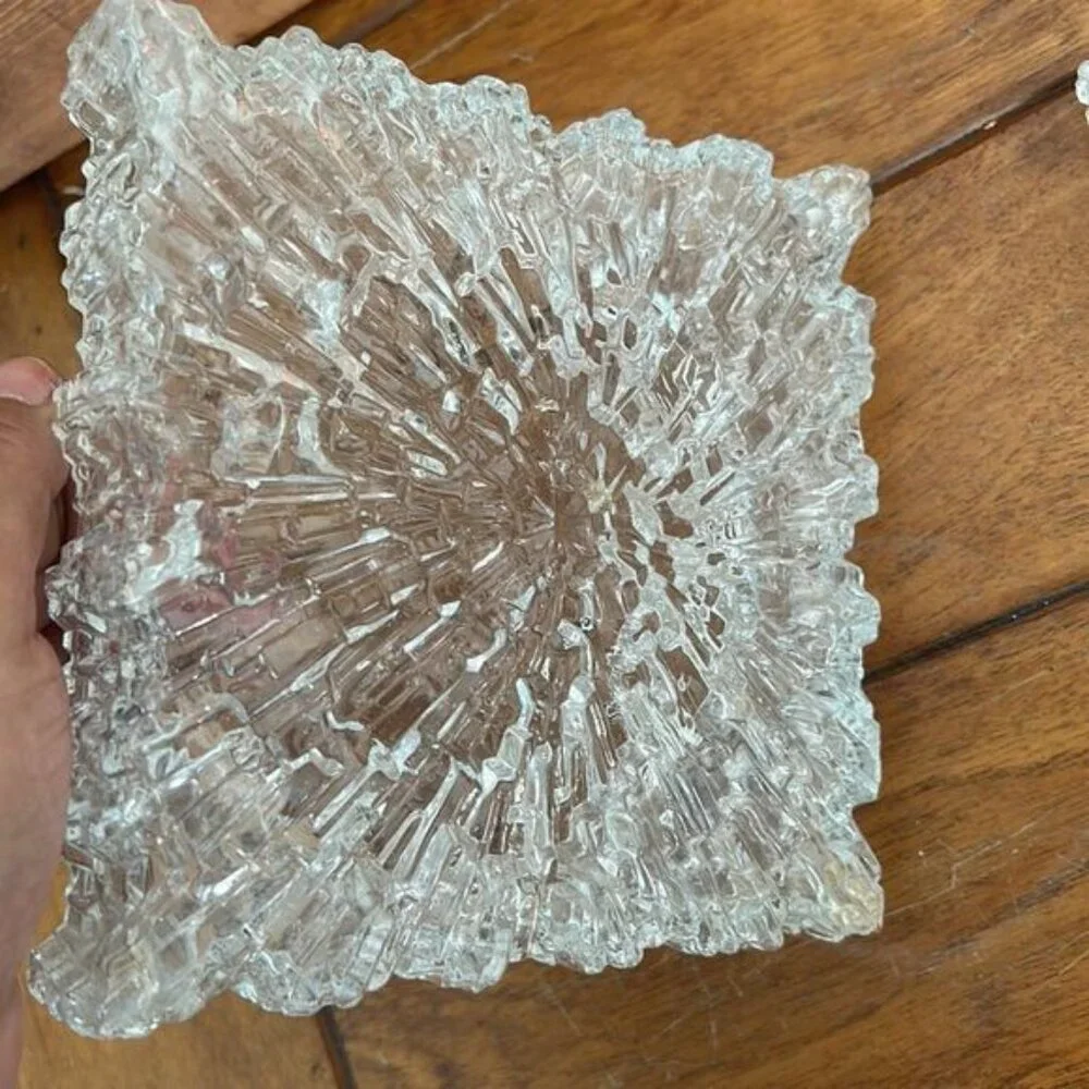 VTG Ice Glass Square Textured Crystal Dish | Mid Century Modern